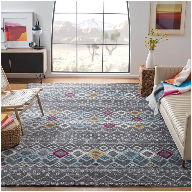 Tapete Roterdam Franjas de Rombos en Gris Oscuro Multicolor