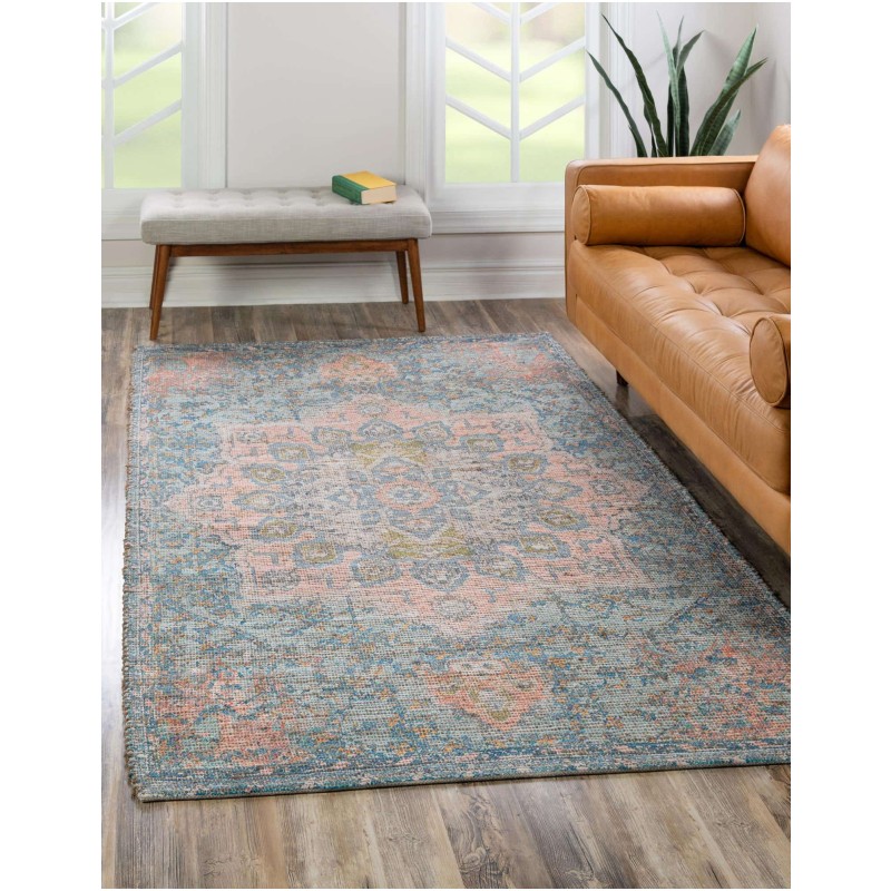 Tapete Yute y Chenille Flor Azul y Duraznos