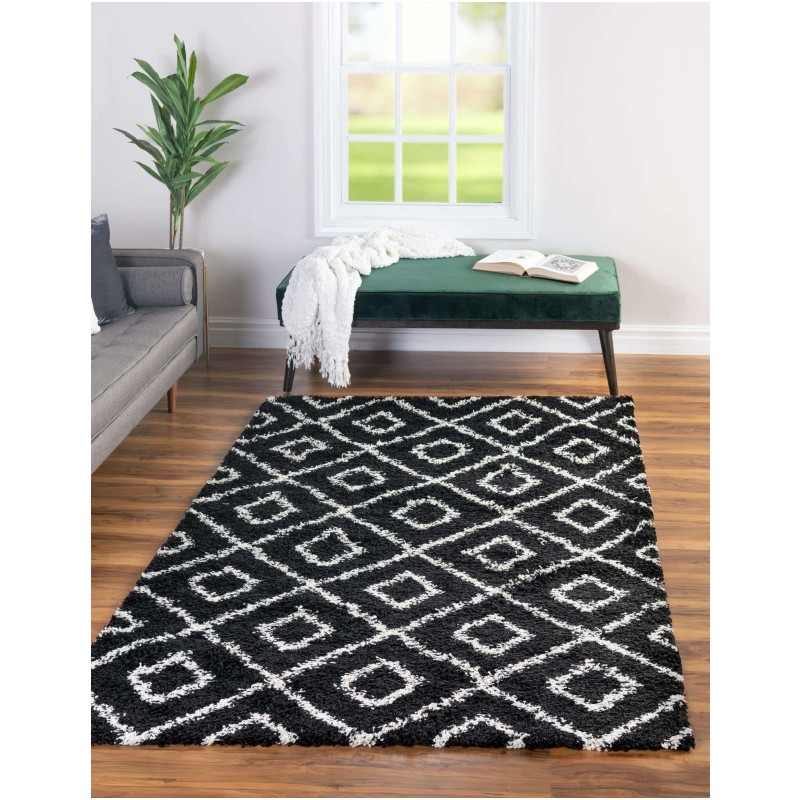 Tapete Shaggy Rombos Enrejados en Negro y Blanco
