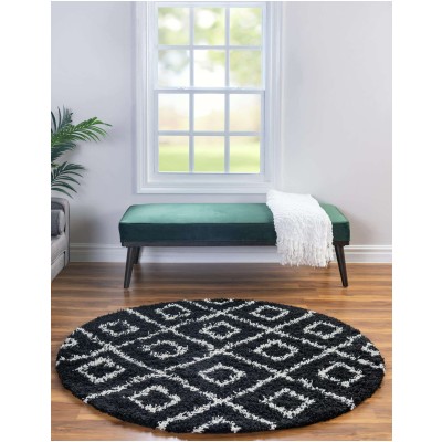 Tapete Shaggy Rombos Enrejados en Negro y Blanco