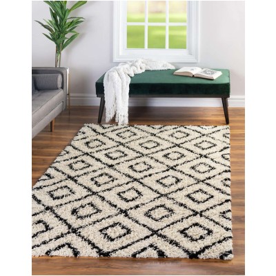 Tapete Shaggy Rombos Enrejados en Blanco y Negro