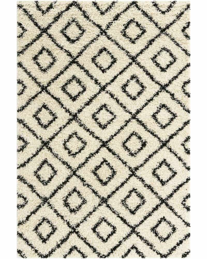 Tapete Shaggy Rombos Enrejados en Blanco y Negro