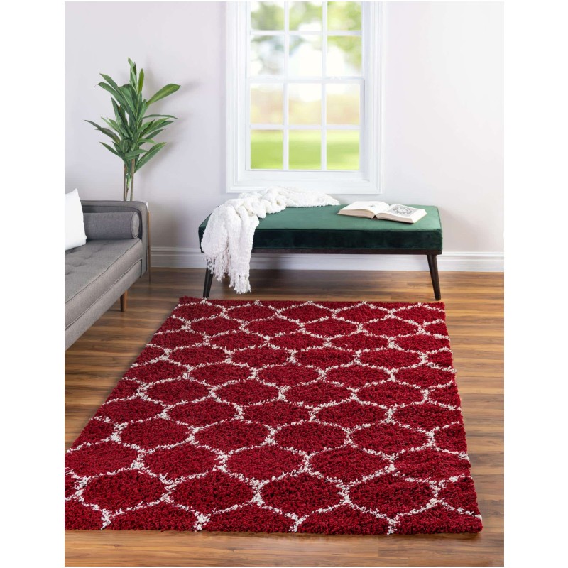 Tapete Shaggy Enrejado en Rojo Burdeos
