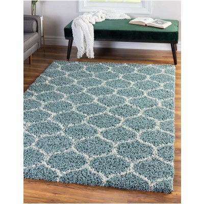 Tapete Shaggy Enrejado en Azul Claro