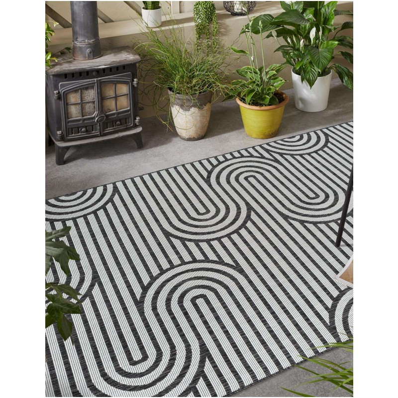 Tapete Moderno Exterior Blanco y Negro de Curvas Entrelazadas