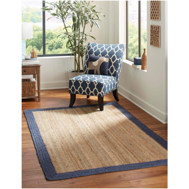 Tapete Trenzado de Yute Natural con Borde Azul