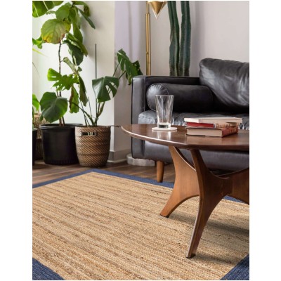 Tapete Trenzado de Yute Natural con Borde Azul