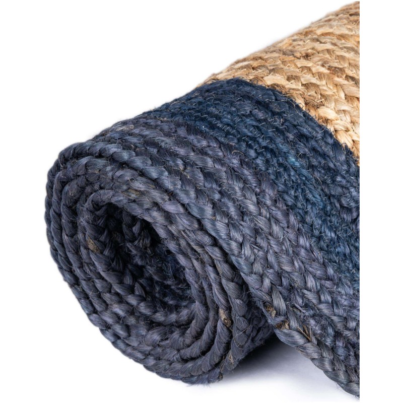 Tapete Trenzado de Yute Natural con Borde Azul