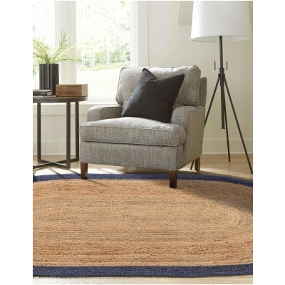 Tapete Trenzado de Yute Natural con Borde Azul