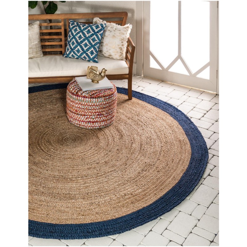 Tapete Trenzado de Yute Natural con Borde Azul