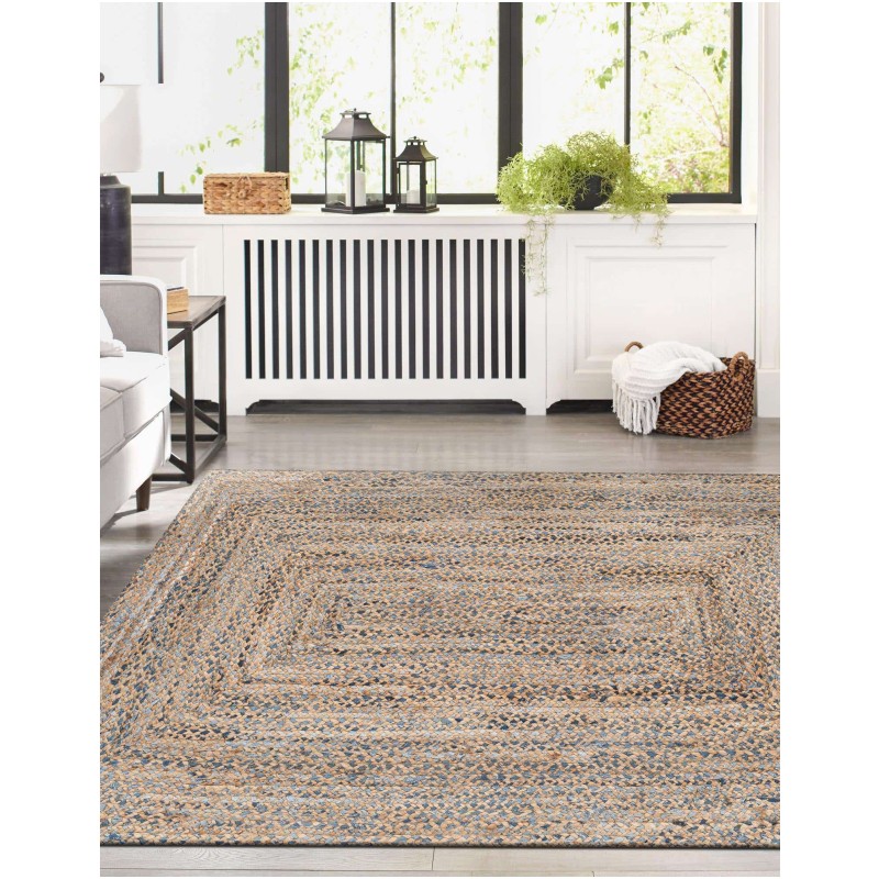 Tapete Trenzado de Yute y Denim Azul