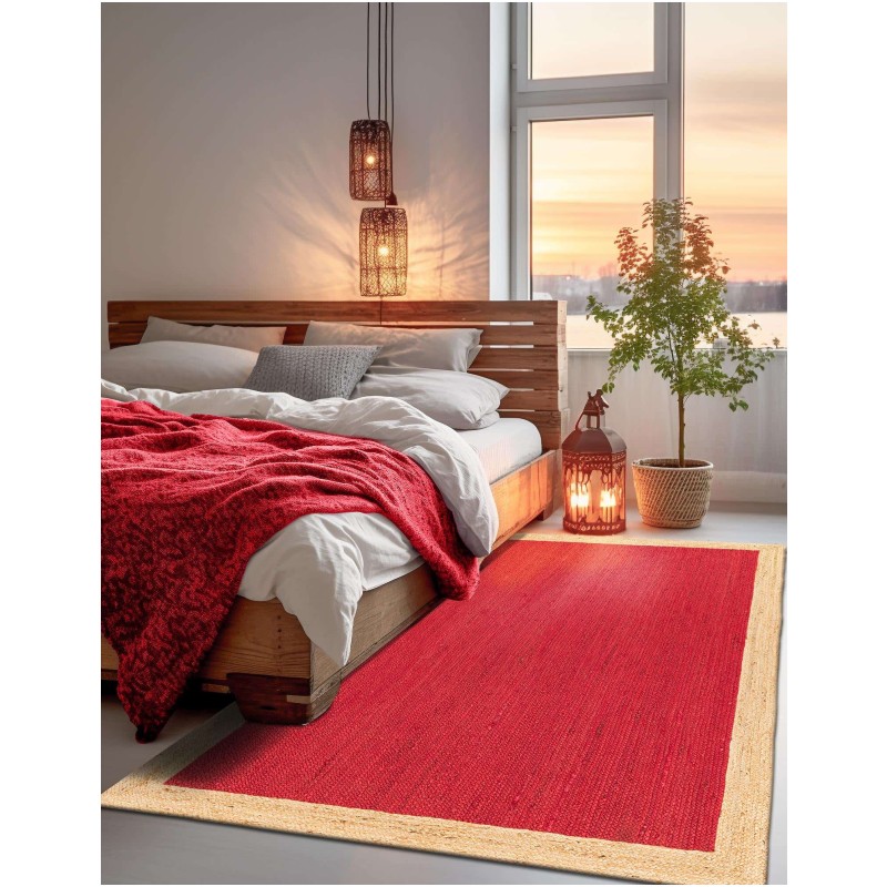 Tapete Trenzado de Yute Rojo con Borde Natural