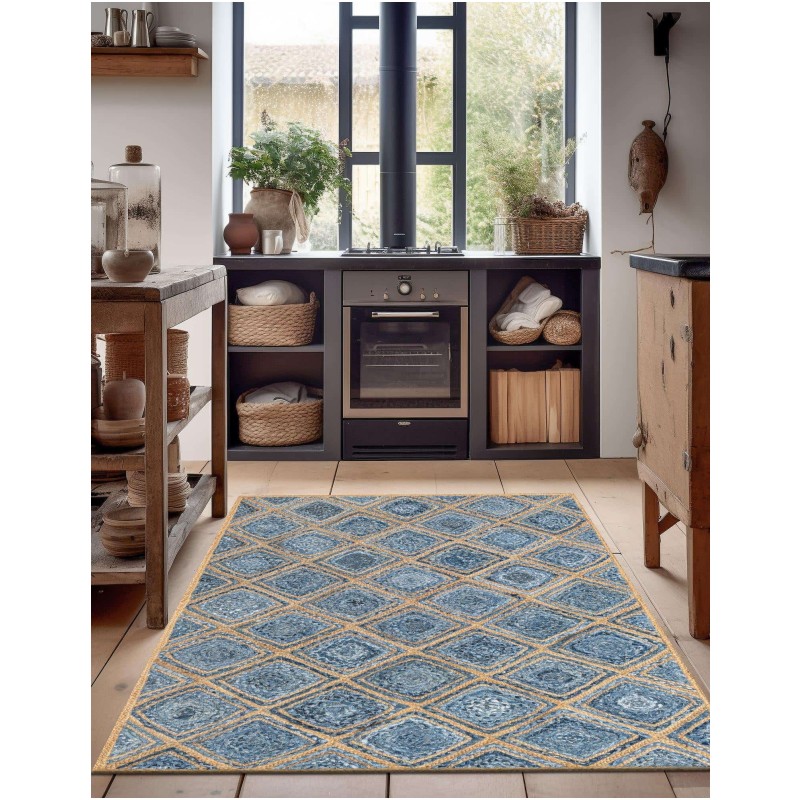 Tapete de Trenzado Rombos en Azul y Natural