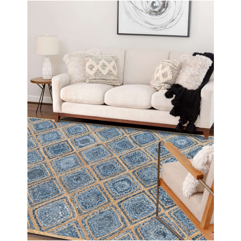 Tapete de Trenzado Rombos en Azul y Natural