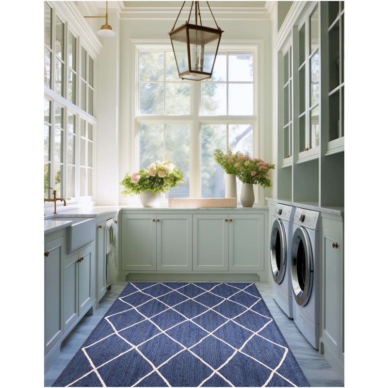 Tapete Trenzado de Yute con Rombos en Azul