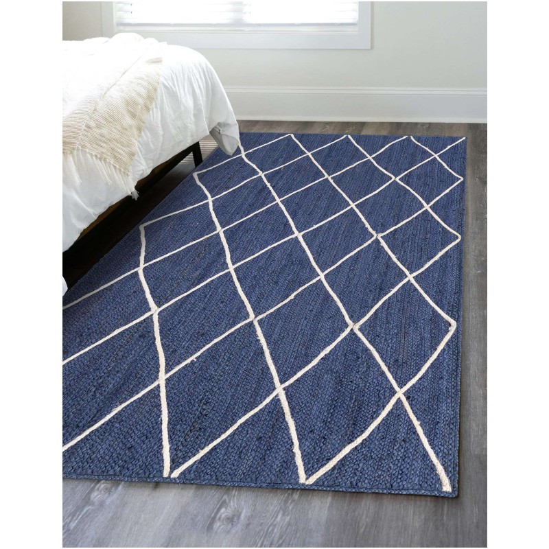 Tapete Trenzado de Yute con Rombos en Azul