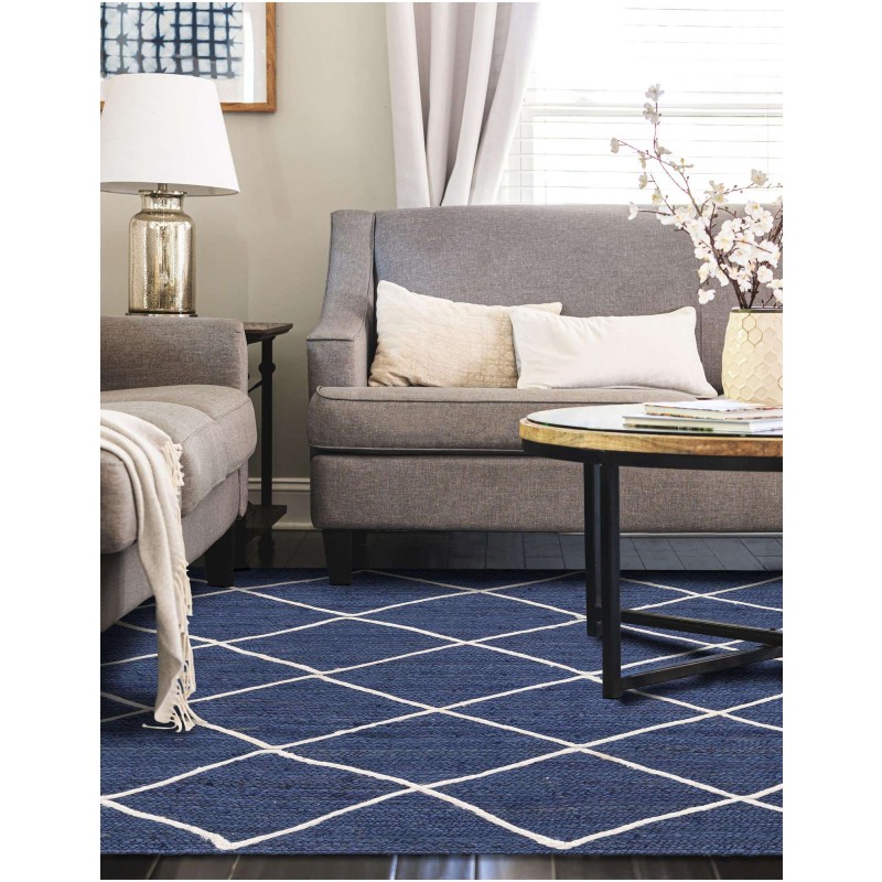 Tapete Trenzado de Yute con Rombos en Azul