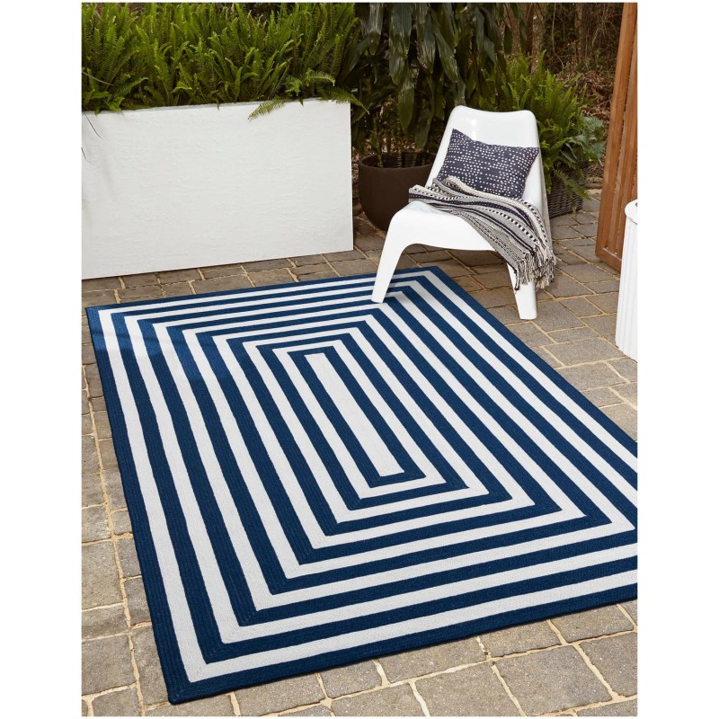 Tapete Eco Trenzado Concéntrico en Blanco y Azul