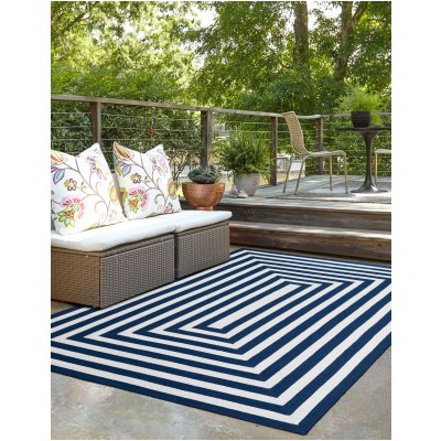 Tapete Eco Trenzado Concéntrico en Blanco y Azul