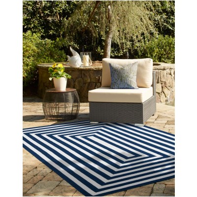 Tapete Eco Trenzado Concéntrico en Blanco y Azul