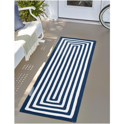 Tapete Eco Trenzado Concéntrico en Blanco y Azul