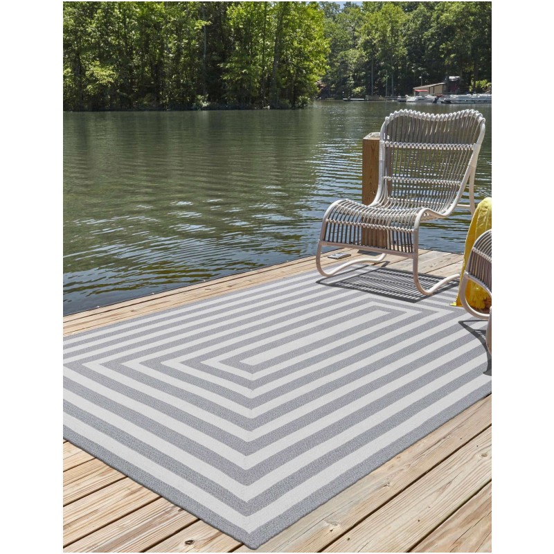 Tapete Eco Trenzado Concéntrico en Blanco y Gris