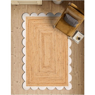 Tapete Trenzado de Yute con Orilla Ornamental en Natural y Marfil