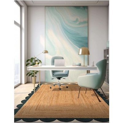 Tapete Trenzado de Yute con Orilla Ornamental en Natural y Verde